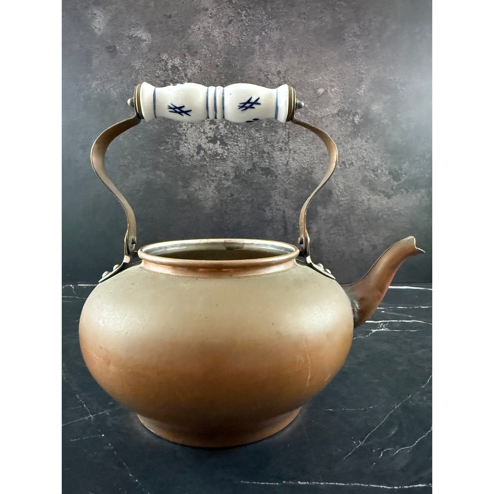 Vintage Copper Tea Pot with Ceramic Blue and White Floral Handle - No Lid!
